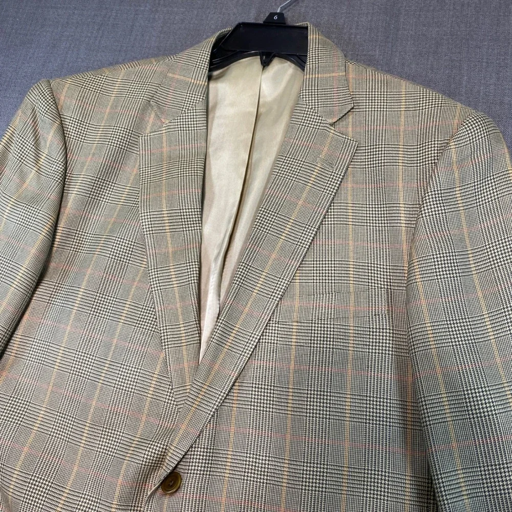 Mens 42L Blazer 100% Silk Olive Glen Plaid 2-Button Sport Coat